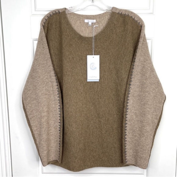 JOHNNY WAS CALME 100% Cashmere NEW Color Block Waffle Sweater Taupe Tan Size L